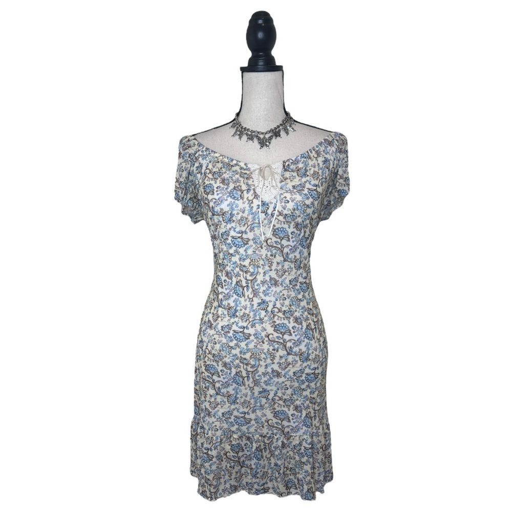 Y2K Xhilaration Yellow + Blue Milkmaid Floral Paisley Lace Dress Size Large